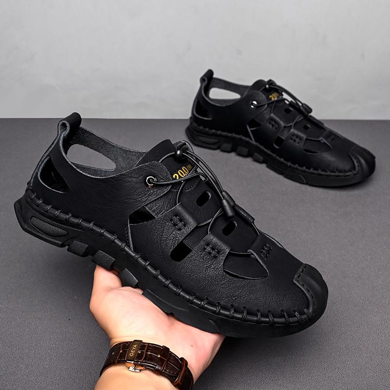 Brand Design High Quality Handmade Woven Sandals Men Vintage Flat Round Toe 100% Genuine Leather Beach Shoes Mens Roman Sandals