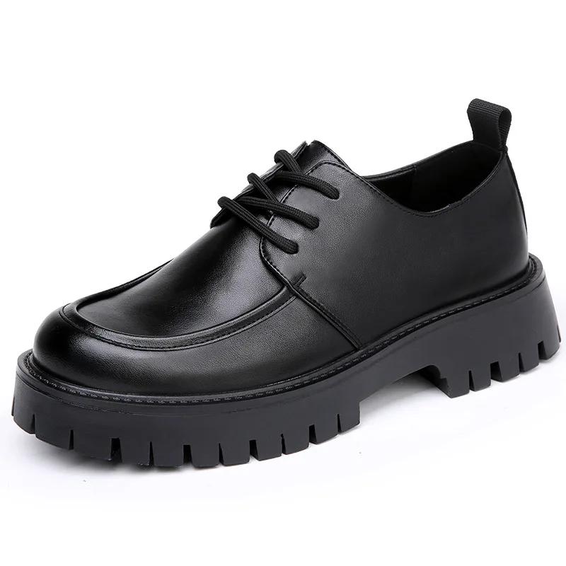 Spring  New Trendy Men's Shoes Breathable Casual Shoes Thick Sole British Business Men's Large Head Leather Genuine Leather