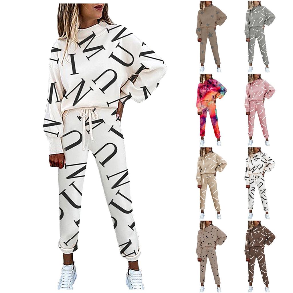 Damen Batik-bedruckter Stehkragen Schnür-Langarm Mode Casual Hosenanzug