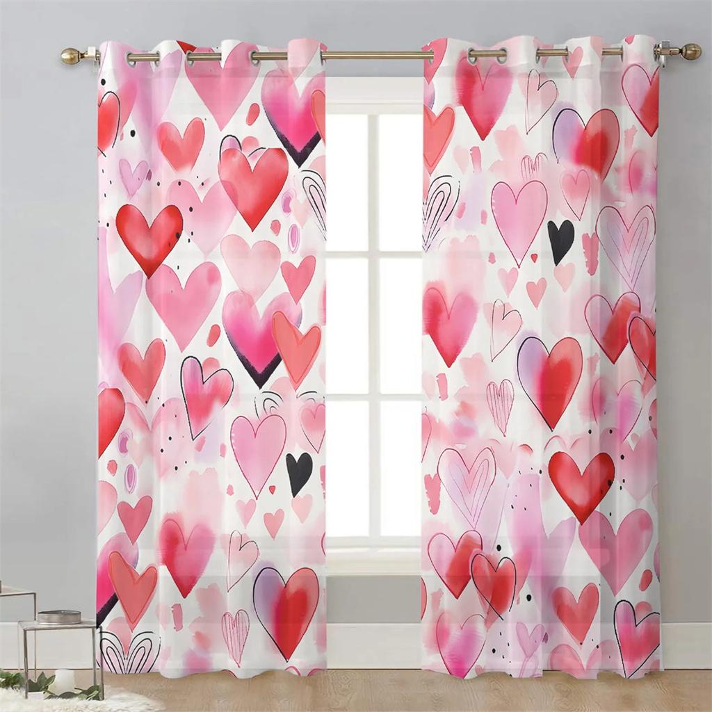Happy Valentine's Day Love Heart Voile Curtains For Bedroom Tulle Window Curtain For Living Room Sheer Curtains Blinds Drapes2Pc