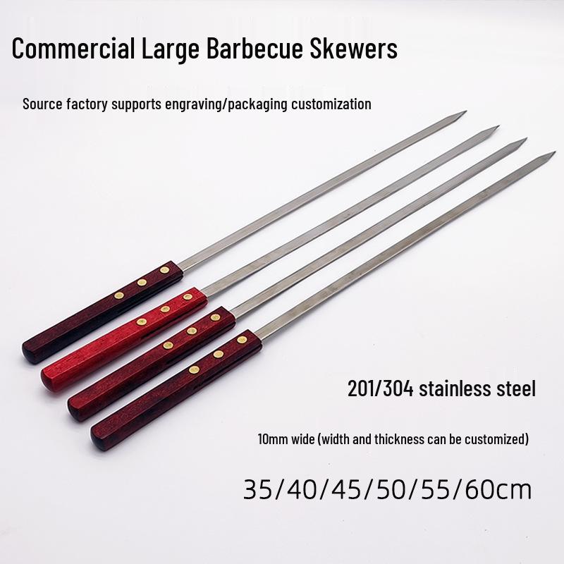 Large Stainless Steel BBQ Skewers with Wooden Handle for Outdoor Camping