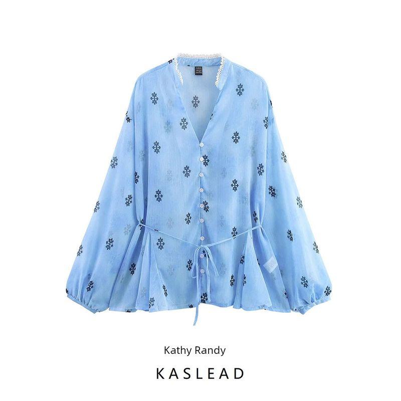 Kaslead New Women Clothes Western Style Fashion Simple Lace Waist Hugging Chiffon Long Sleeve Shirts
