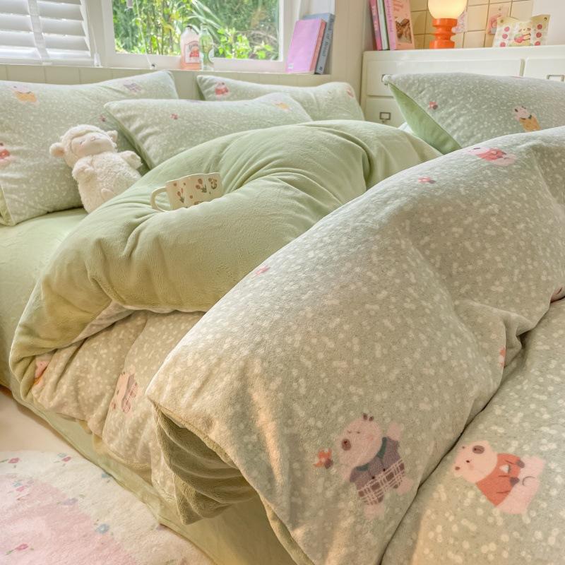 Thickened Milk Fleece Bed Four-Piece Set Warm Student Dormitory Quilt Cover Flannel Three-Piece Set