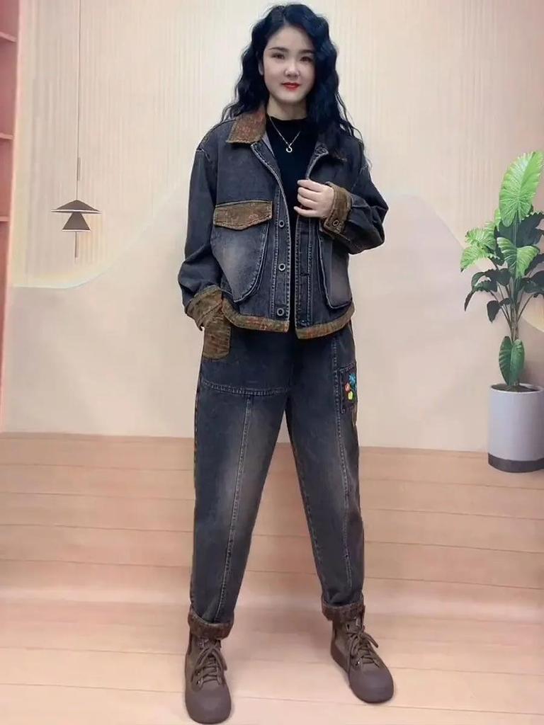 Ensemble deux pièces jean rétro automne pour femme Veste en jean à capuche avec surpiqûres + Pantalon