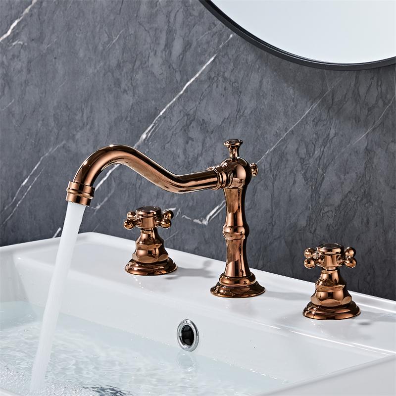 Tuqiu Basin Faucet Brass Rose Gold Bathroom Faucet Antique Sink Faucet 3 Hole Double Handle Hot & Cold Wash Faucet Water Tap