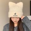 Cartoon Cat Ear Woolen Hat for Women, Autumn and Winter Japanese Style Thickened Warm Knit Hat, Large Head Circumference Cold-Proof Hat