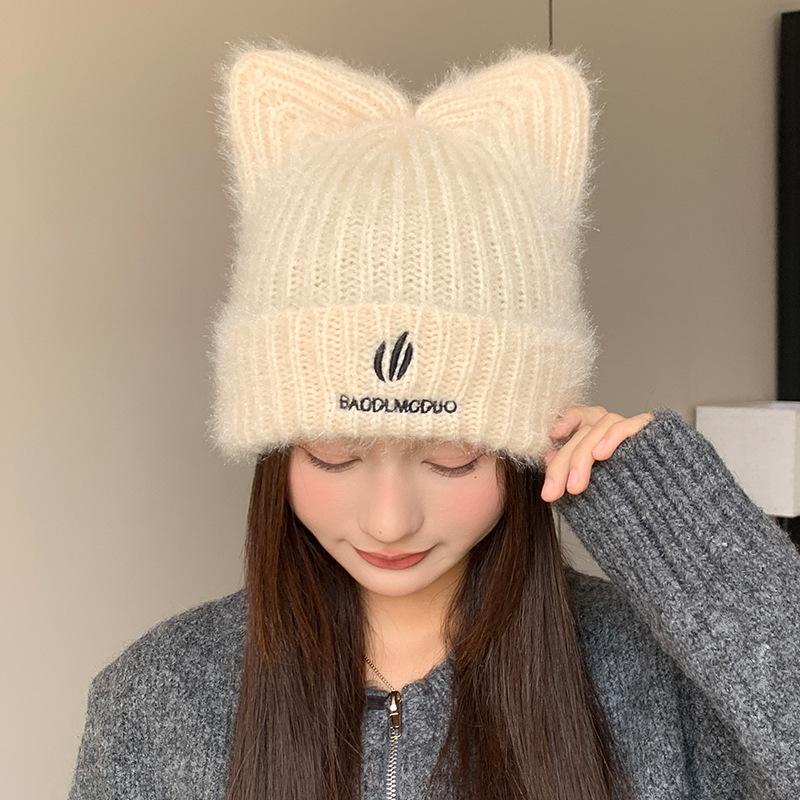 Cartoon Cat Ear Woolen Hat for Women, Autumn and Winter Japanese Style Thickened Warm Knit Hat, Large Head Circumference Cold-Proof Hat