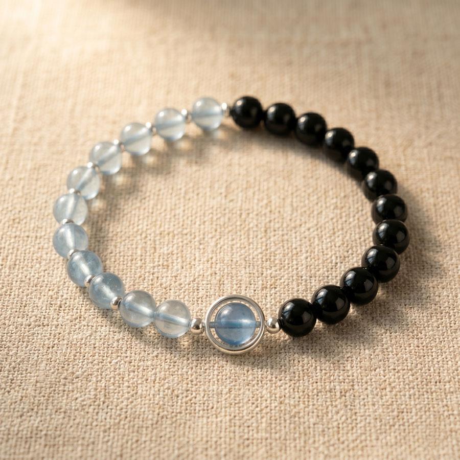 Natural Obsidian & Aquamarine Bracelet, Cosmic Saturn Ring Healing Crystal, Dual Energy Protection Amulet, Minimalist Unisex Couples Jewelry Single Wrap