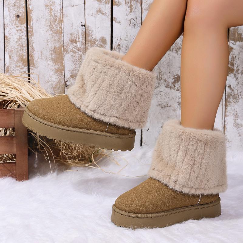 Fashion Warm Faux Fur Boot Tube Snow Boots Women 2025 Winter Round Toe Soft Thick Bottom Medium Heel Ankle Boots Winter Cotton Shoes