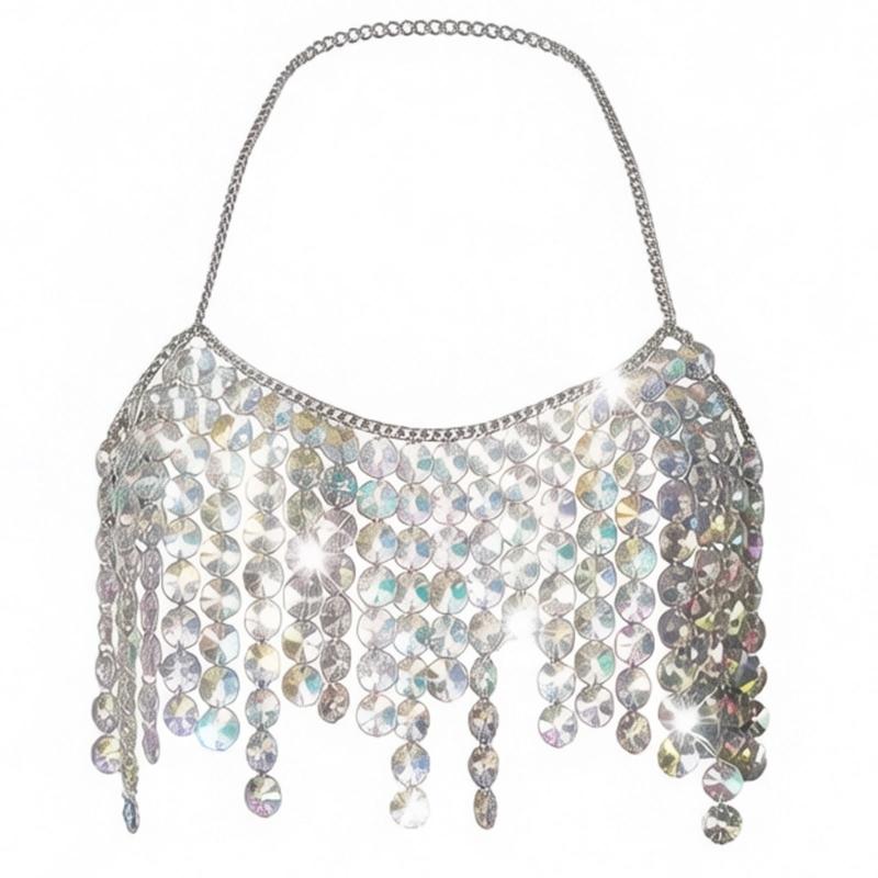 Halter Body Chain Top with Cascading Faceted Disc Fringe, Open Back Body Jewelry Accessory for Party and Festival Outfits