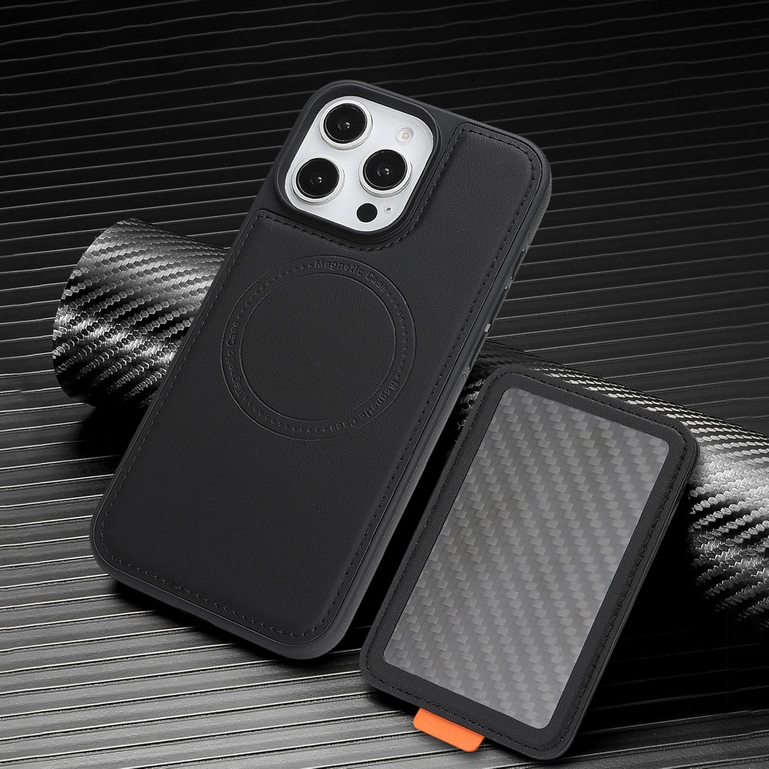 

Магнитный кожаный чехол для телефона + Многофункциональный держатель для карт с текстурой углеродного волокна для серии iPhone 12 - 17 iPhone 17 Air чёрный