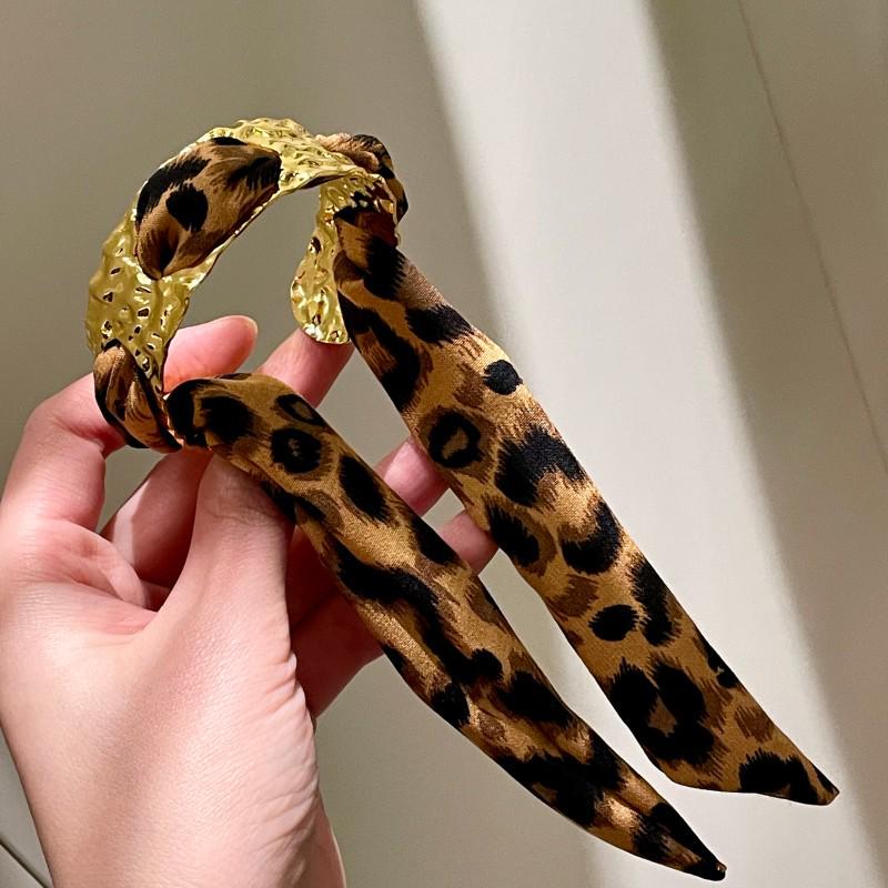 Y2K Leopard Print Ribbon Metal Bracelet - Women's Retro European Style Fashion Accessory.