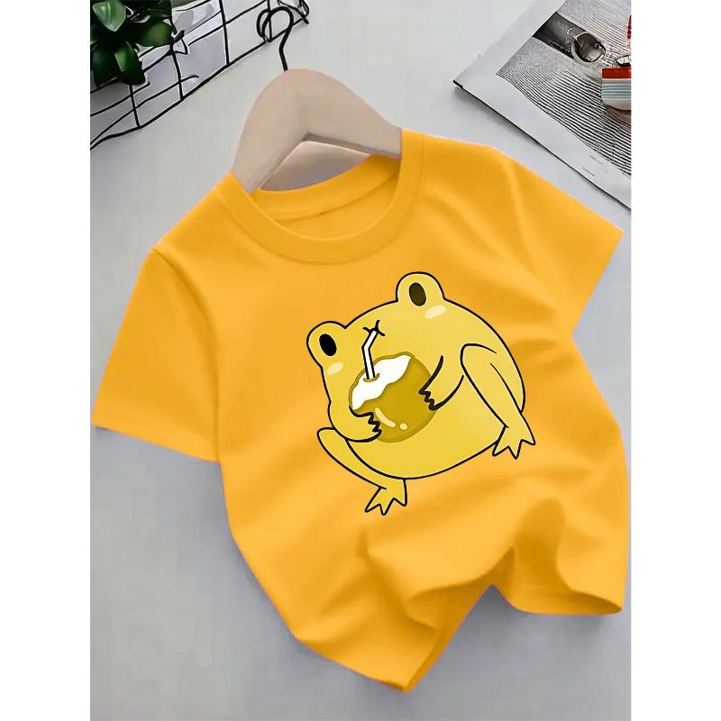 European sizes New Summer Short-Sleeve T-Shirt for Kids Featuring a Cute Cartoon Frog And Coconut Drink Design