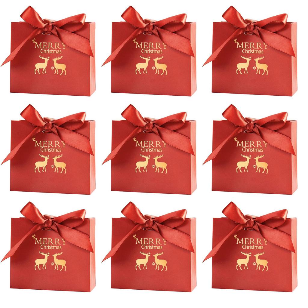 Christmas Gold Stamped Ribbon Bow Gift Box Sugar Paper Bag Present Packaging for Holiday Party Decoration