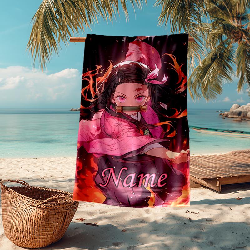 Custom Name Ultra-Soft Beach Towel with Demon Slayer Theme,Ideal for Pool - Camping, Diving - Perfect Travel Essential, Vibrant Beach Towel.