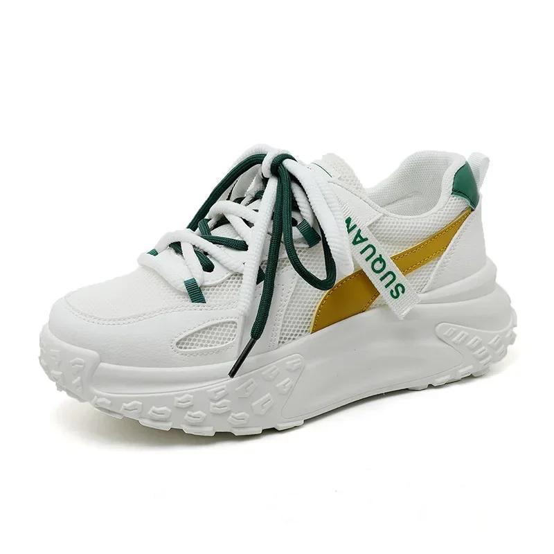 Women's Sneakers Autumn Height Increasing Breathable Thick Soled Mesh White Shoes Wear-resistant Lace Up Casual Sports Shoes
