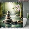 4Pcs 2D Flat Zen and Orchid Shower Curtain Set with Non-Slip Bath Mat, Toilet Lid Cover, Contour Rug & 12 Hooks, Bathroom Decor