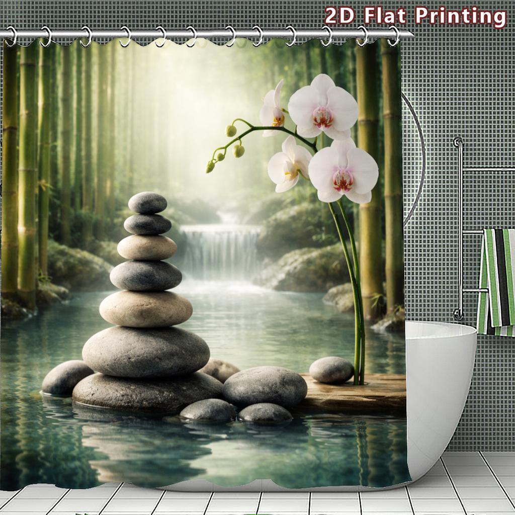 4Pcs 2D Flat Zen and Orchid Shower Curtain Set with Non-Slip Bath Mat, Toilet Lid Cover, Contour Rug & 12 Hooks, Bathroom Decor