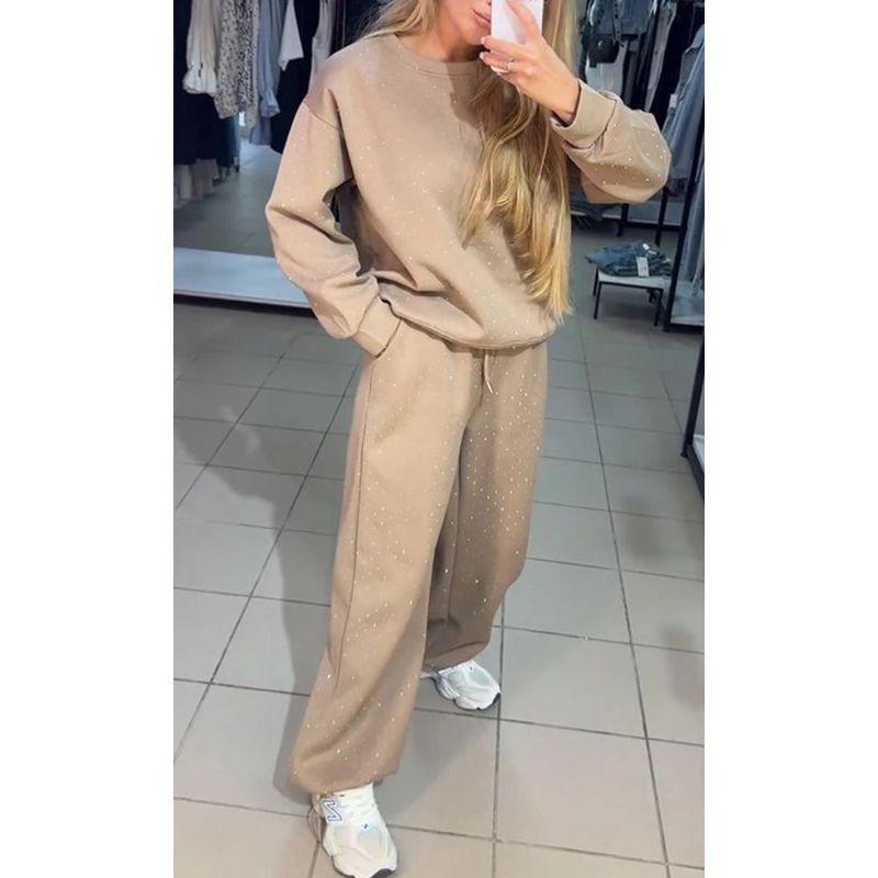 2025 Cross-Border Autumn and Winter Women clothes Casual round Neck Long sleeve Hoodie Full Body Hot Drilling Drawstring Ankle-Tied Trousers Set Suit