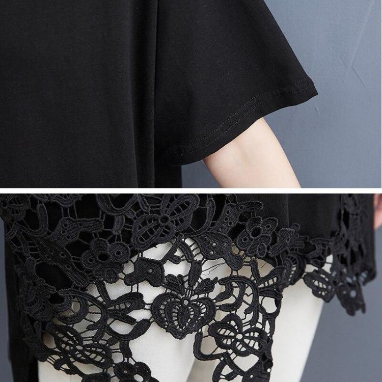 Oversize Black Tunic Shirt Summer Cotton Lace Tops Plus Size Women Tee Casual Loose Tshirt Fashion Lady Clothing