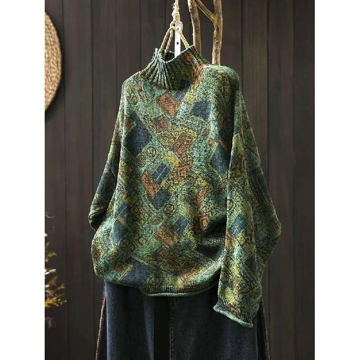 Johnature Niche Print Mock Neck Long Sleeves Vintage Sweater Woman Winter Loose Retro Personality Sweater