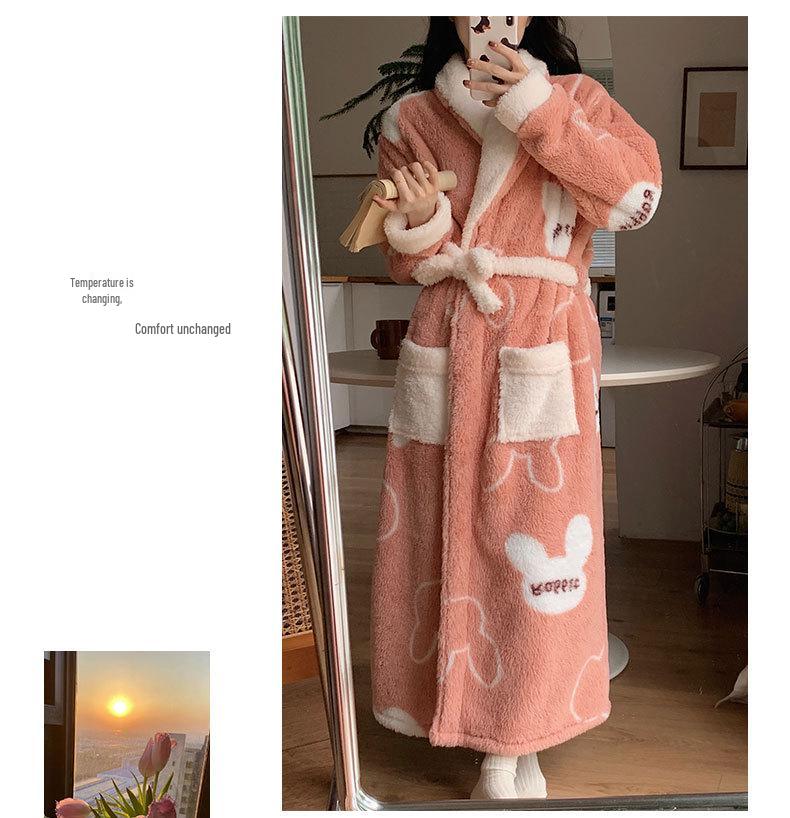 Autumn/Winter Women's Coral Fleece Bathrobe: V-neck, Belted, Long Sleeves, Mid-length, Sweet Style, Warm Homewear.