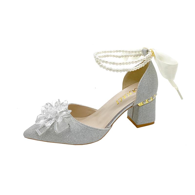 Casual Fashion Pearl One Word Wedding Single Shoes Summer New Pointed Toe Shallow Slip Rhinestone Bow Square Heels