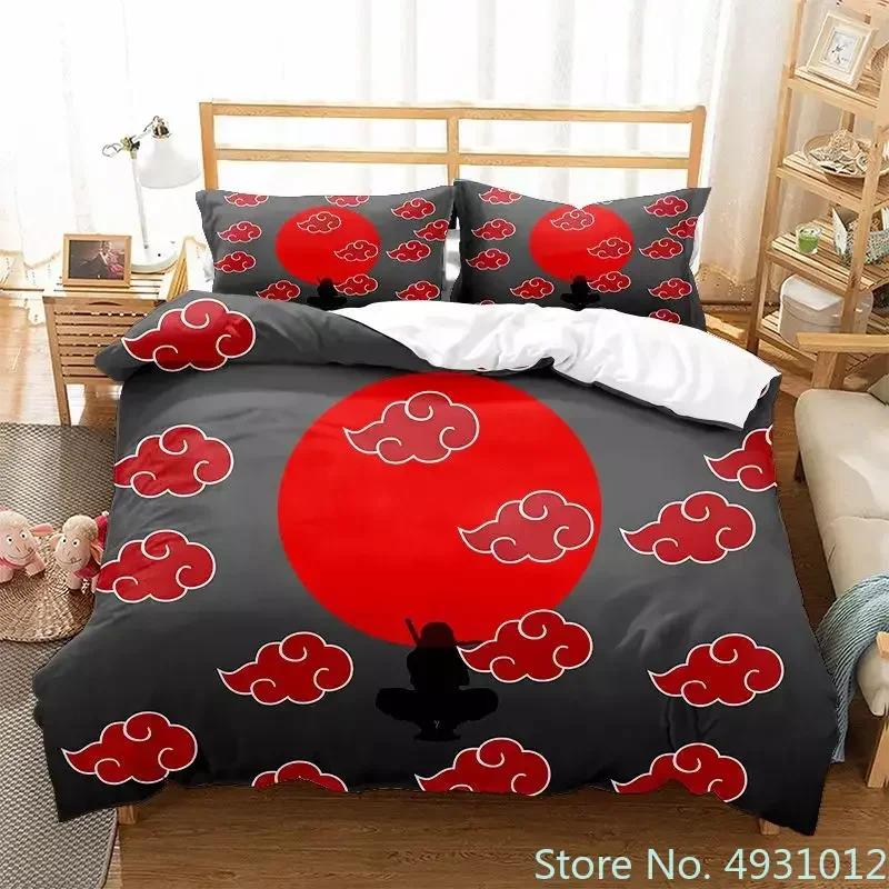 Red Cloud N-Naruto Logo Vortex Bedding Set Pillowcase Anime Bedclothes 3D Printed Kids Adult Boys Quilt Duvet Cover Gift