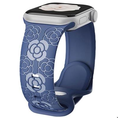 Bracelet for Apple Watch Series Ultra 2/3, 11, 10, 9 8 SE 7 6 5 4 3 2 1 42mm-44mm-45mm-46mm-49mm Silicone Relief Floral Dark Blue