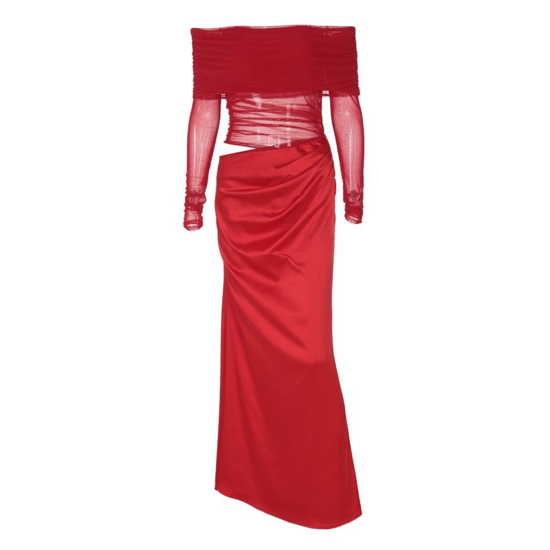 Shemoda Fashion Ins Style Sexy off-the-Shoulder off-Neck Mesh Patchwork Waist-Slimming Cut Out Long Sleeves Dress Women's Clothing