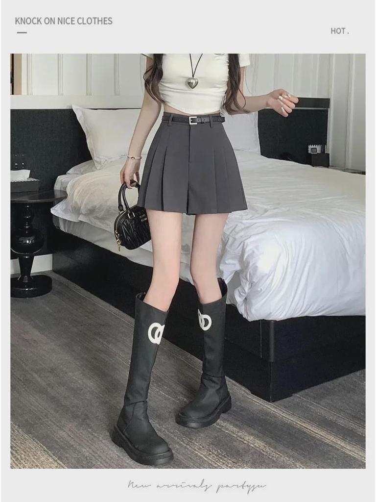 2024 Women's Summer High-Waisted Gray A-Line Skort: Slim, Loose, Pleated Shorts Skirt, Wide-Leg Design