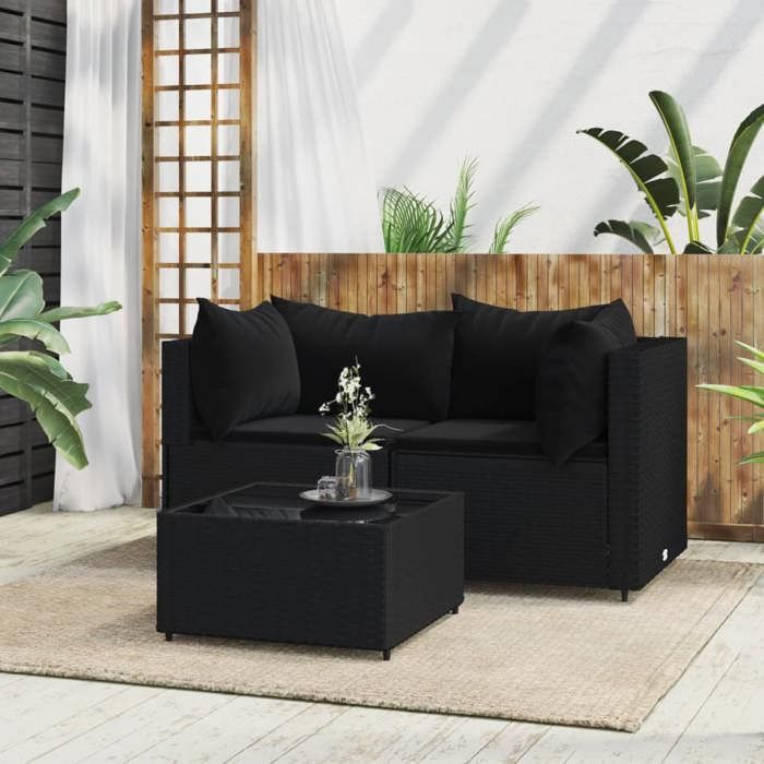 VidaXL Salon de jardin 3 pcs avec coussins Noir Résine tressée, ensemble de salon d'extérieur, ensemble de mobilier 319779