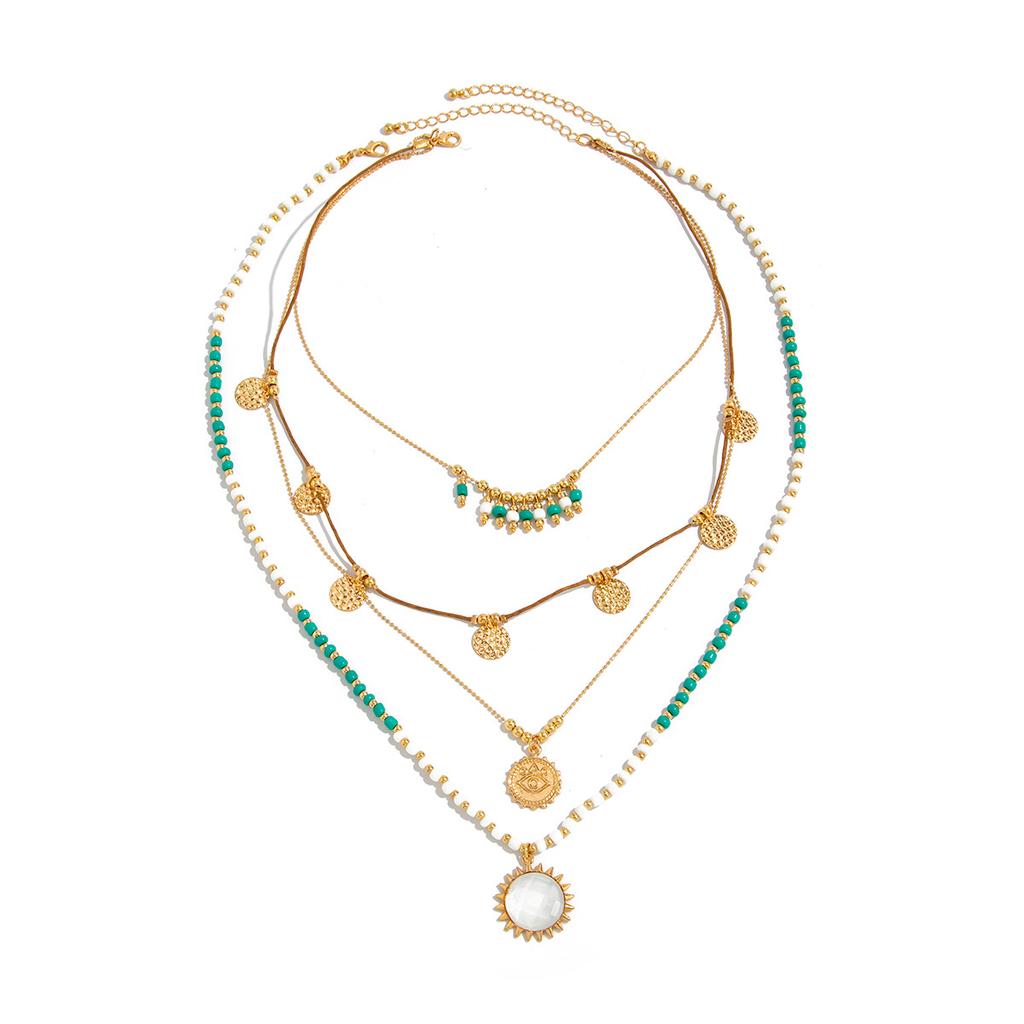 Ethnic Style Metal Sun Pendant Necklace, Bohemian Gravel Rice Beads Beaded Collarbone Necklace