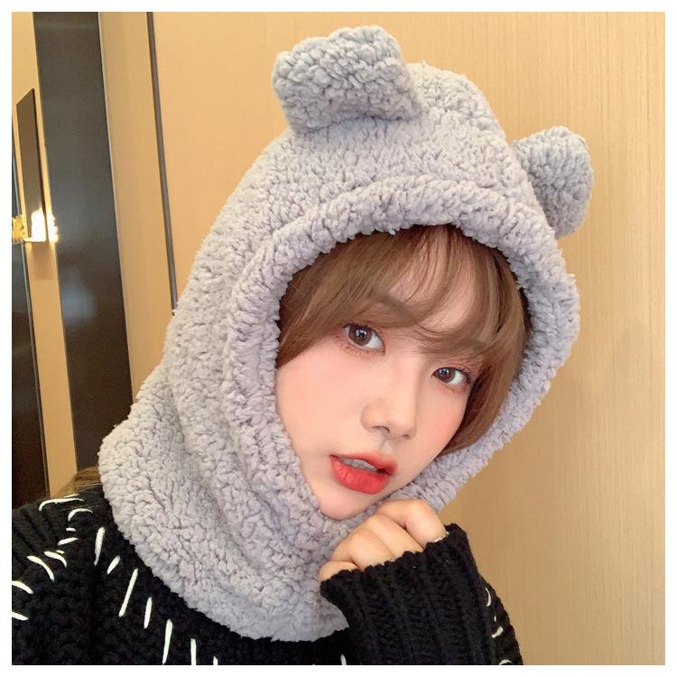 Cute Bear Ears Beanies Women Winter Head Hood Scarf Hat Cap Thicken Cozy Warm Bonnet Female Lamb Balaclava Riding Bobble Hat
