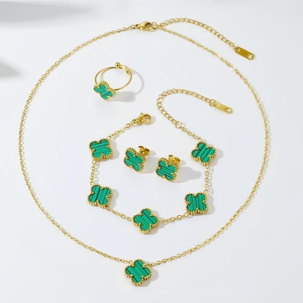 4PCS 13MM Fashion Clover Necklace Bracelet Earring Set Stainless Steel Tassel Jewelry Set