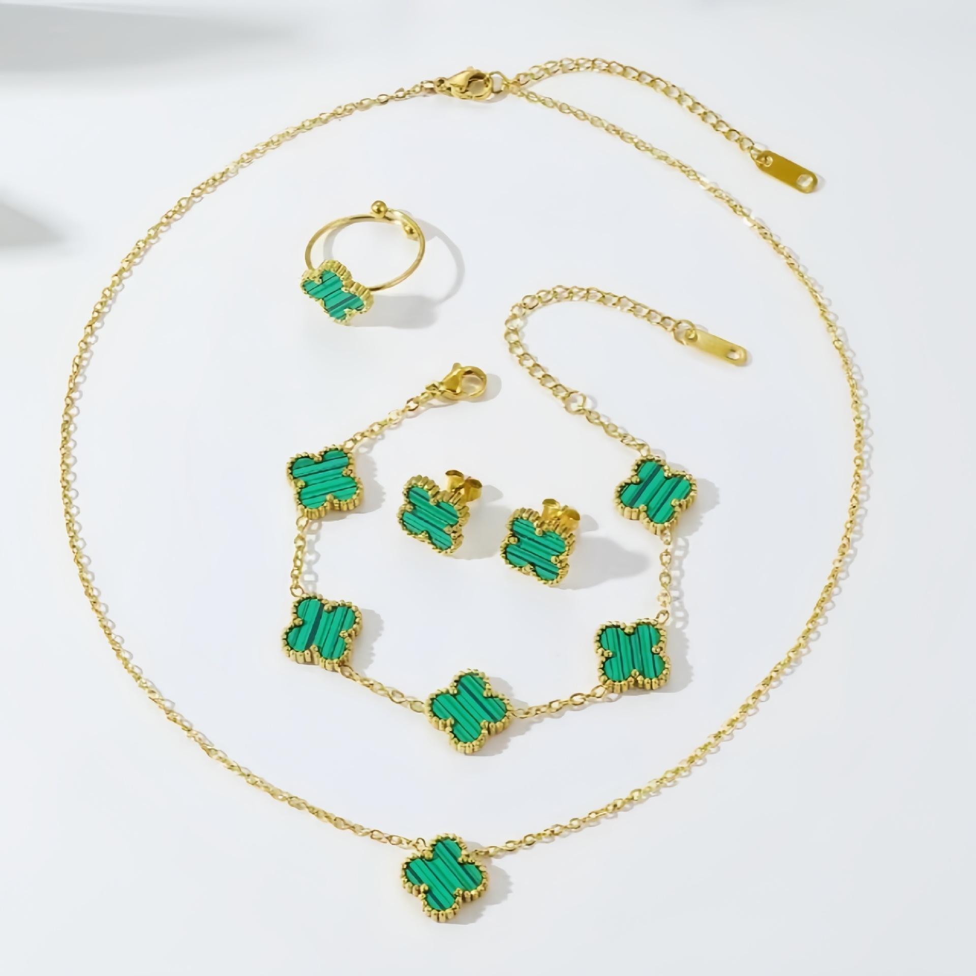 

4 ШТ. 13 ММ Модний Набір Прикрас: Намисто, Браслет, Сережки з Трьома Листочками Конюшини, Набір Прикрас з Китицями з Нержавіючої Сталі 4pcs зелений