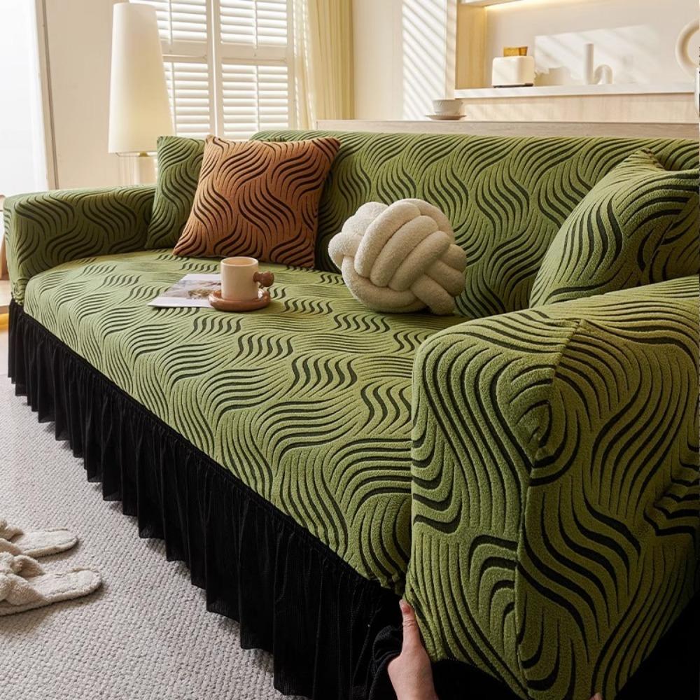 Jacquard Sofa Cover with Skirt Universal Full Coverage Stretch Slip Proof Fabric Couch Dust Protector