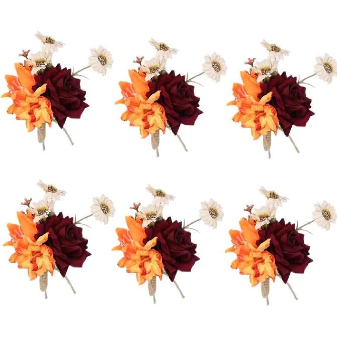 Ansofi 9 Inch Vintage Sunflower Wedding Bouquets for Bride Artificial Burgundy Rose Cascading Bridal Bouquet Burnt Orange Rustic Toss Bouquet for Burgundy Boutonnieres Set