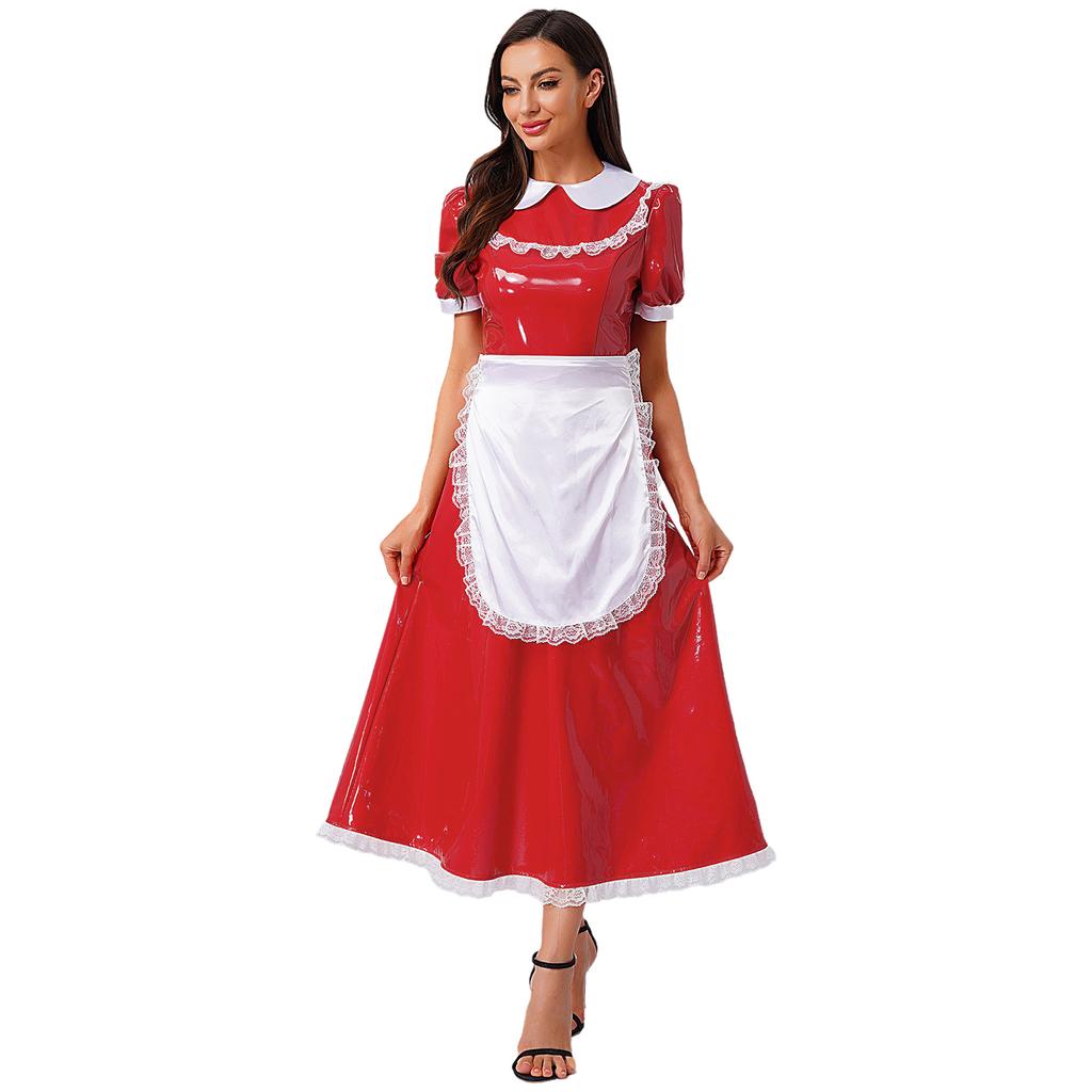 Women French Maid Dress Satin Lapel Collar Lace Trim Short Sleeve Wet Look PU Maxi Apron Costume