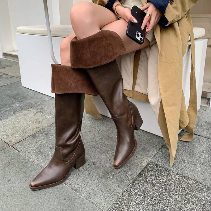 Autumn and winter high-heeled large-size women's boots, genuine leather women's leather boots, cowhide can be folded, wear more square and versati