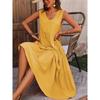 Women Casual Vacation Beach Dress Elegant V-neck Loose Long Dresses Holiday Femme Yellow Black RUFFLES Summer