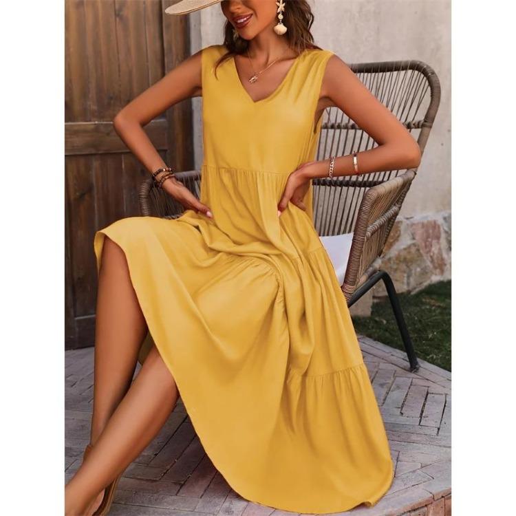 Women Casual Vacation Beach Dress Elegant V-neck Loose Long Dresses Holiday Femme Yellow Black RUFFLES Summer