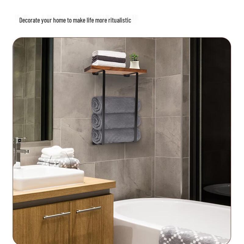 Wall-Mounted Metal Towel Rack with Wood Shelf