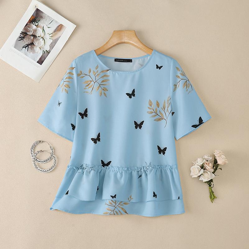 ZANZEA Women Casual Round Neck Loose Short Sleeve Print Blouse