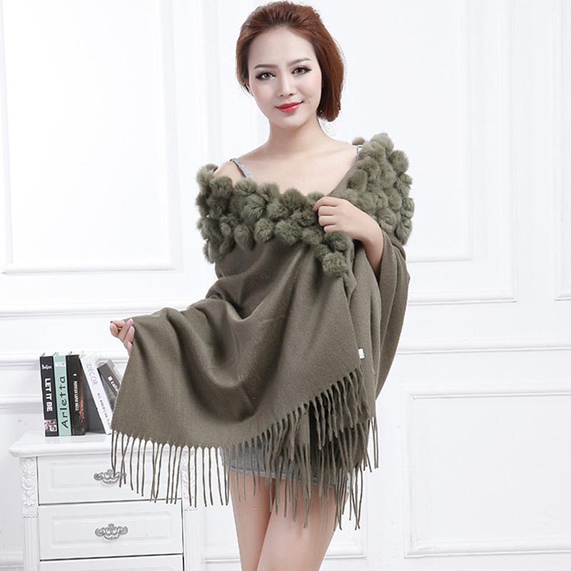 Women's Cashmere Wool Over Size Scarf With Rabbit Fur Ball Collar Winter Rabbit Fur Infinity Scarves Neck Fur Collar Hand Knit