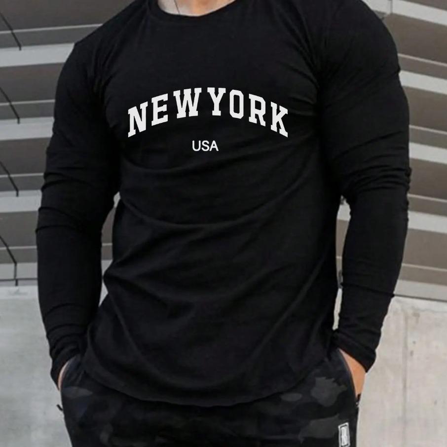 Herren Bequemes Sportliches Lässiges Lockeres Übergröße New York USA Aufdruck Rundhals Langarm T-Shirt Top