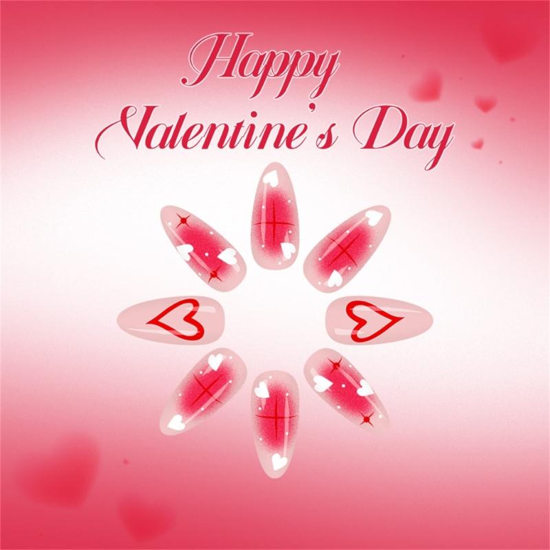 24 PEZZI Unghie Finte Press On in ABS Lucido Lunghezza Media Forma Gocce d'Acqua San Valentino Rosa Cuori con Accenti Dorati Stellati