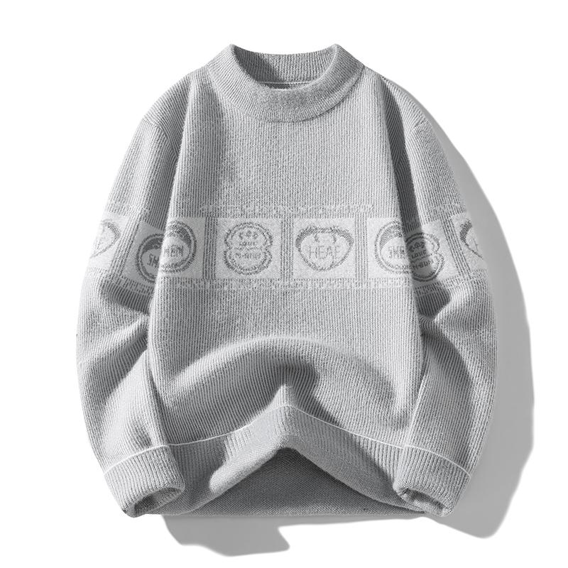 Long-sleeved Geometric Shape Contrasting Color Round Neck Sweater Men's Pullover Top