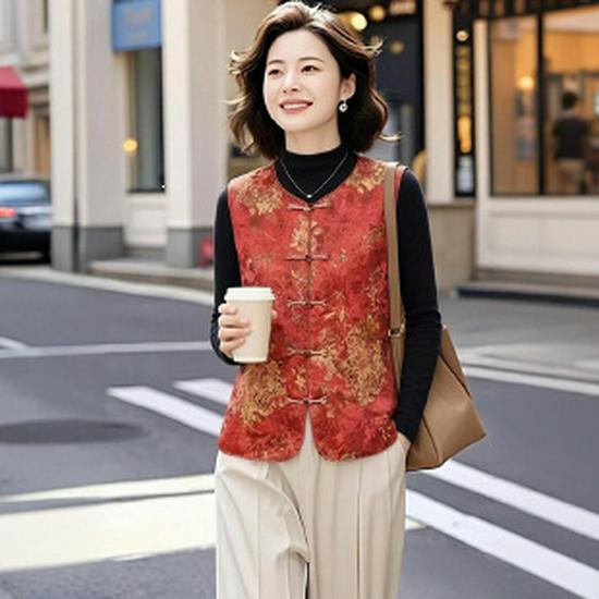 

2026 Spring Vest Jacket - New Chinese Style for Middle-Aged and Elderly Women, Printed Shawl for Spring and Autumn Wear 5XL вино красного