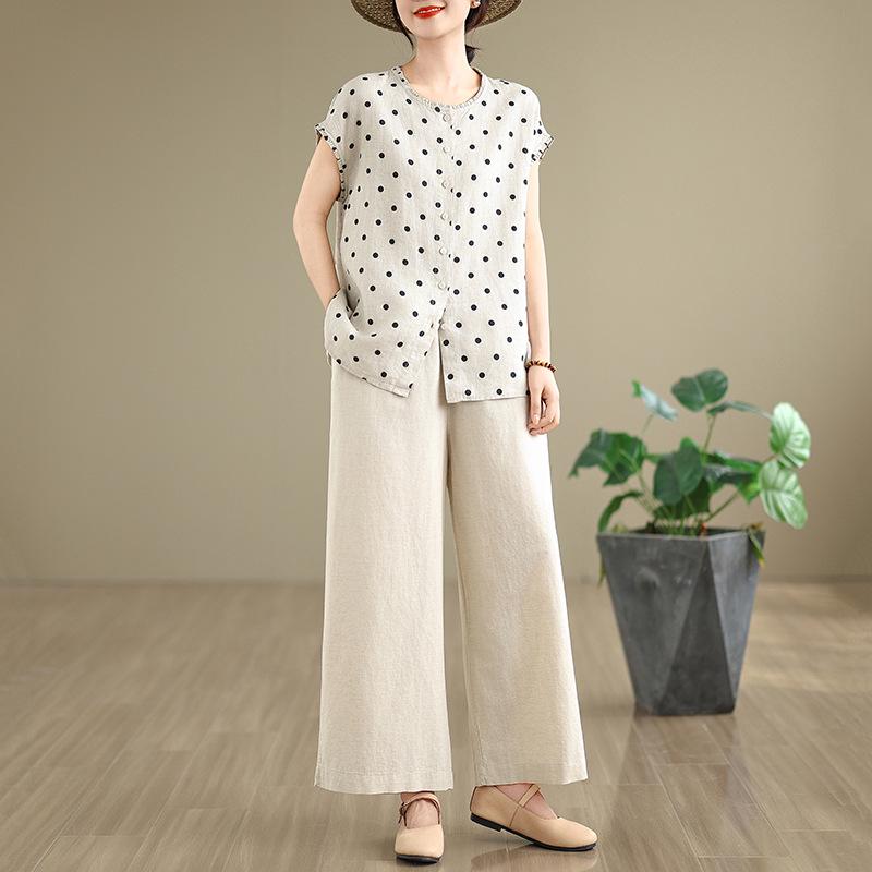 2025 Plus Size Cotton Linen Retro Slimming Pants Summer Set for Women